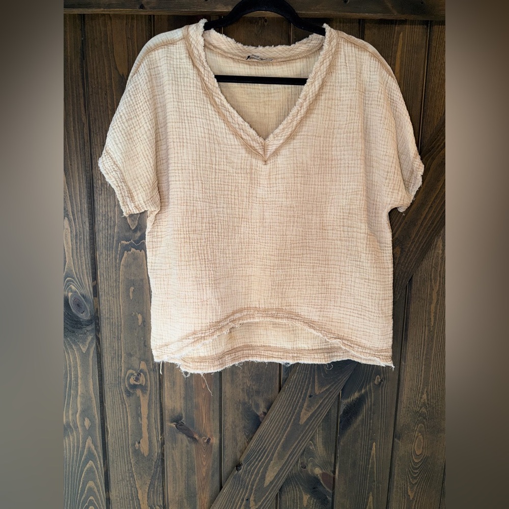 Meo Meli Casual V-Neck Short Sleeve Tee/top/blouse - Cream OS